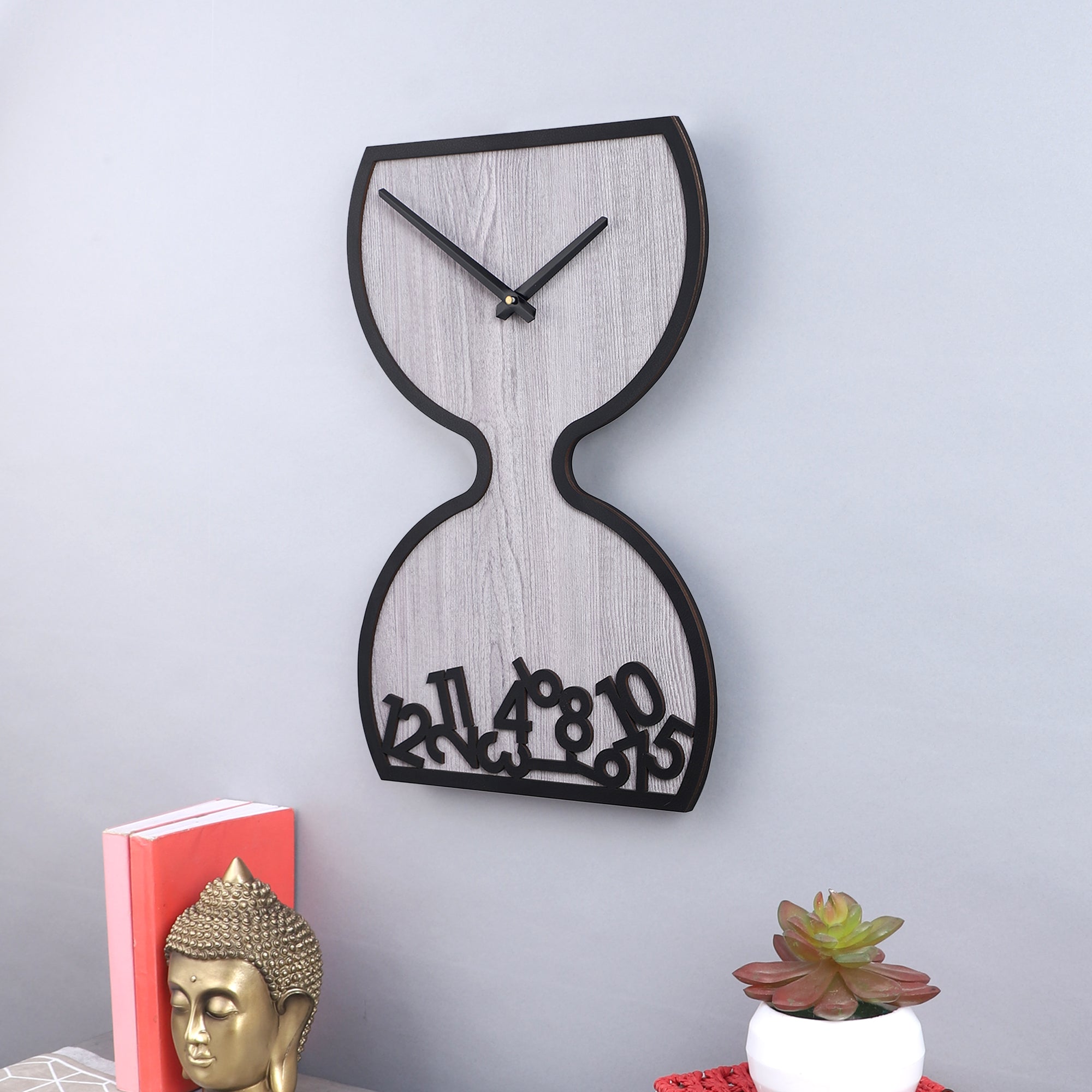 Grey Wooden Hourglass Wall Clock with Black Accents