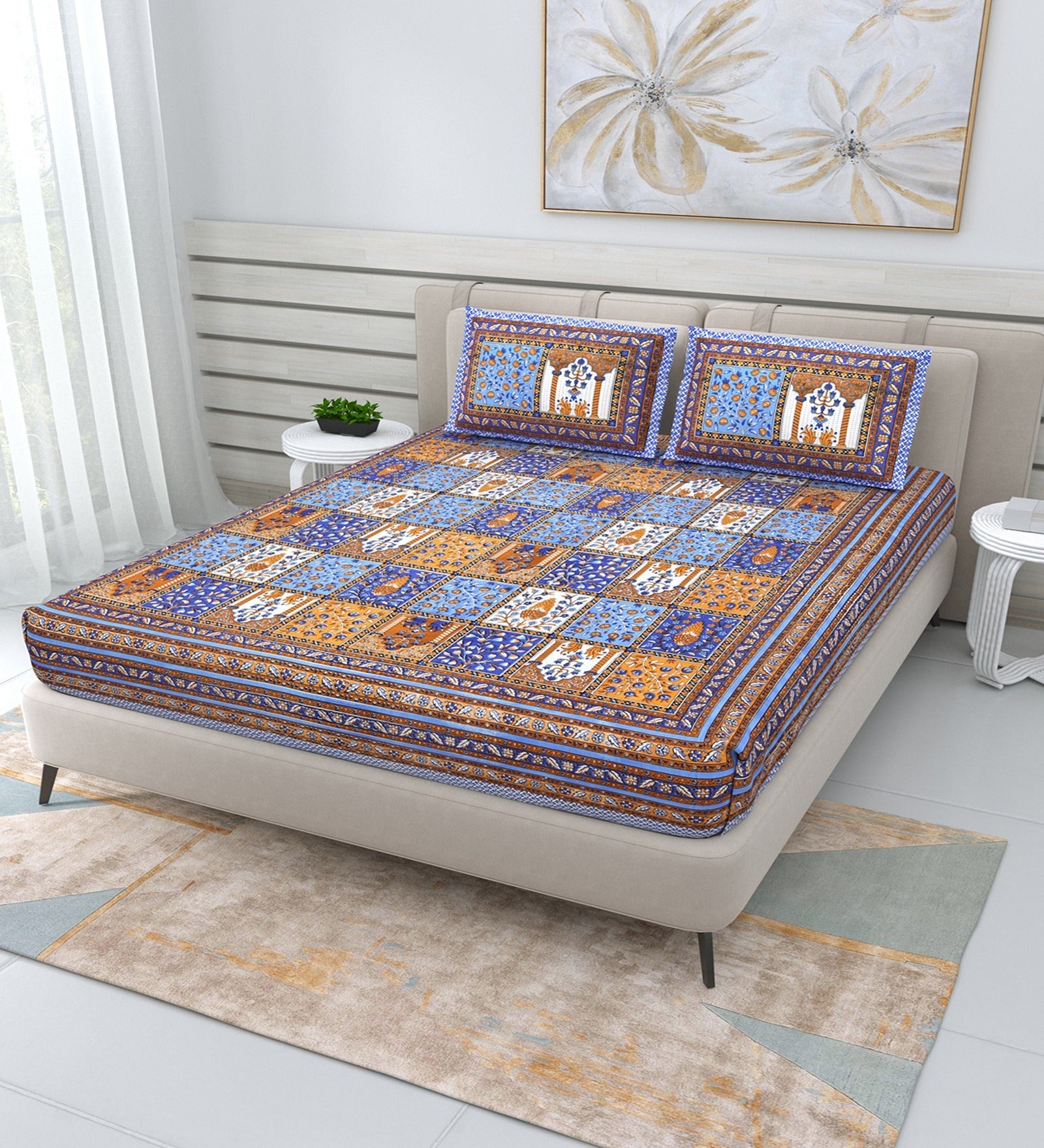 100% Cotton Bedsheet for Double Bed Queen Size with Pillow Cover Set, 220 TC